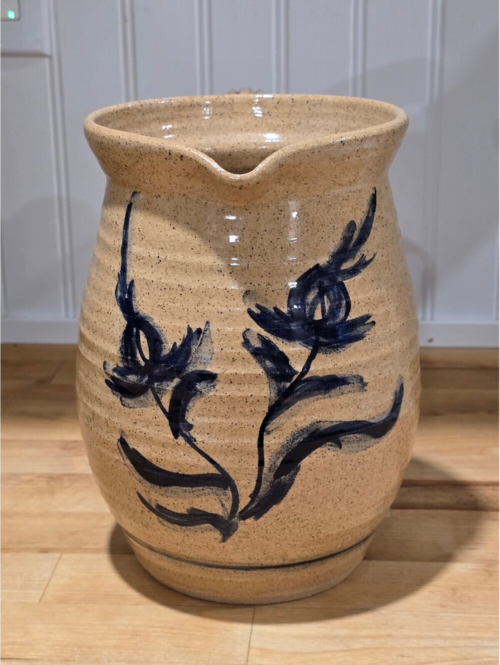 Vtg Graziano Studio Art Pottery Salt Glazed Stoneware Pitcher Cobalt Blue Floral